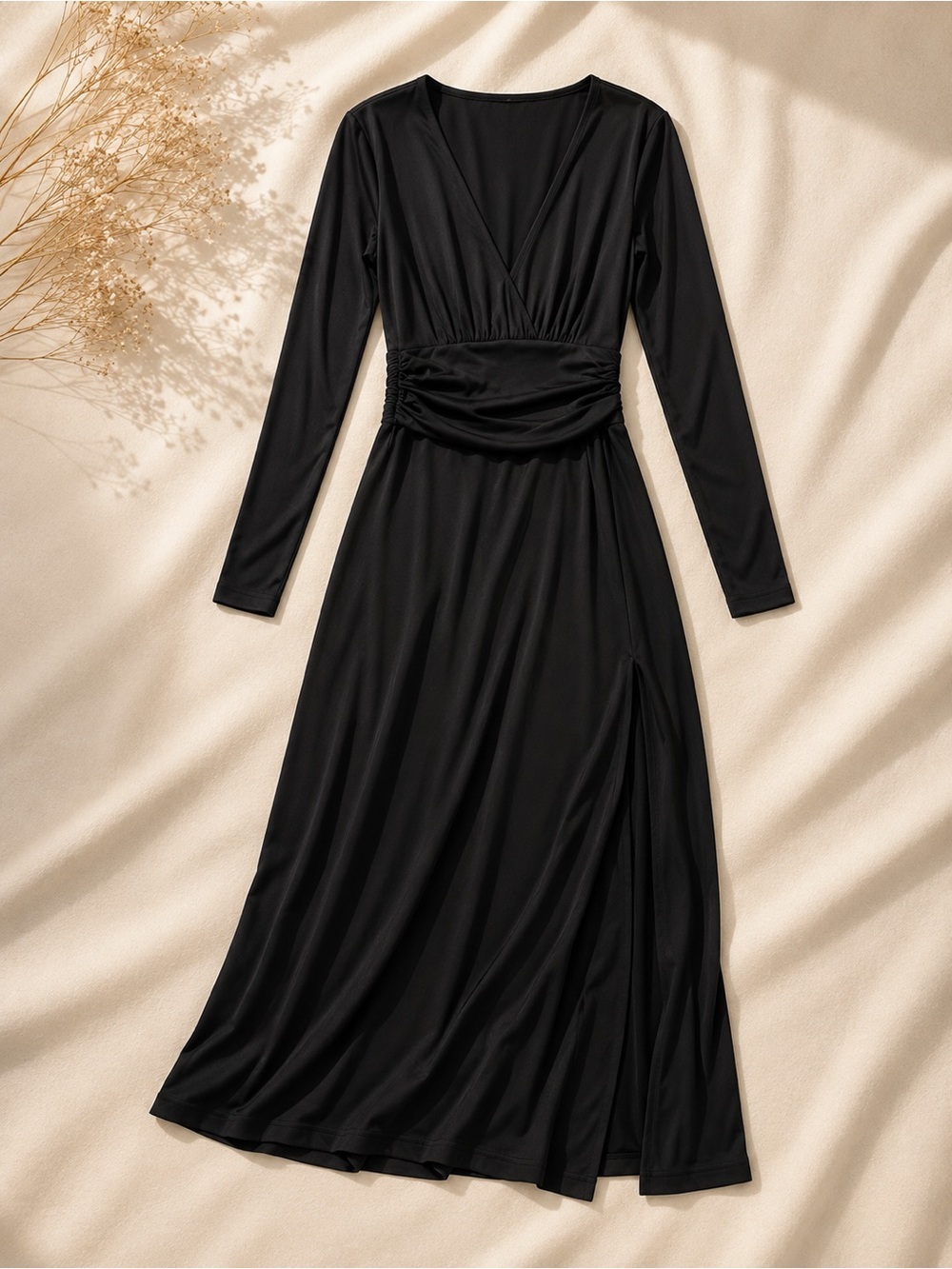 New Without Tags Medium Black Maxi Dress V-Neck Elastic Waist Long Sleeve